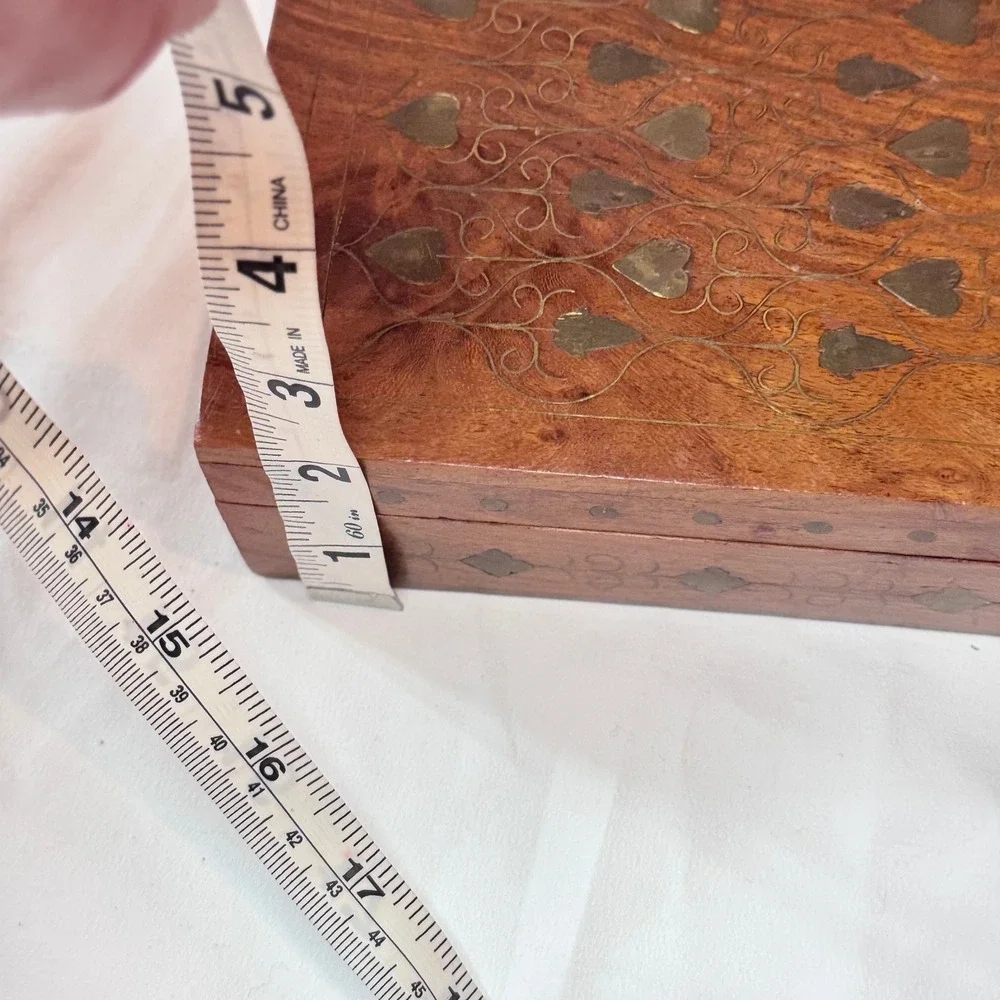 Vintage Wood Brass Inlay Jewelry Box Heart Boho Folk Art 7x5x2